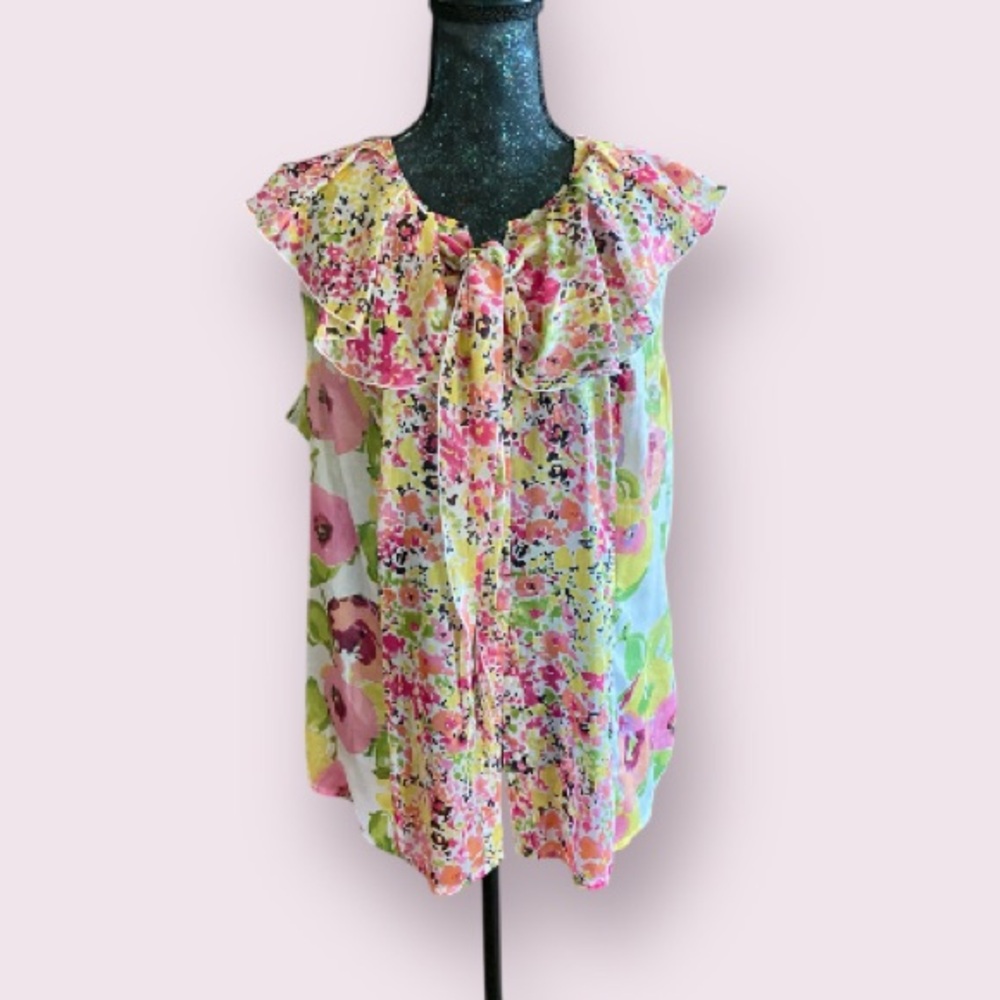 APOSTROPHE Multicolored Floral Ruffle Sheer Sleeveless Button Down Blouse